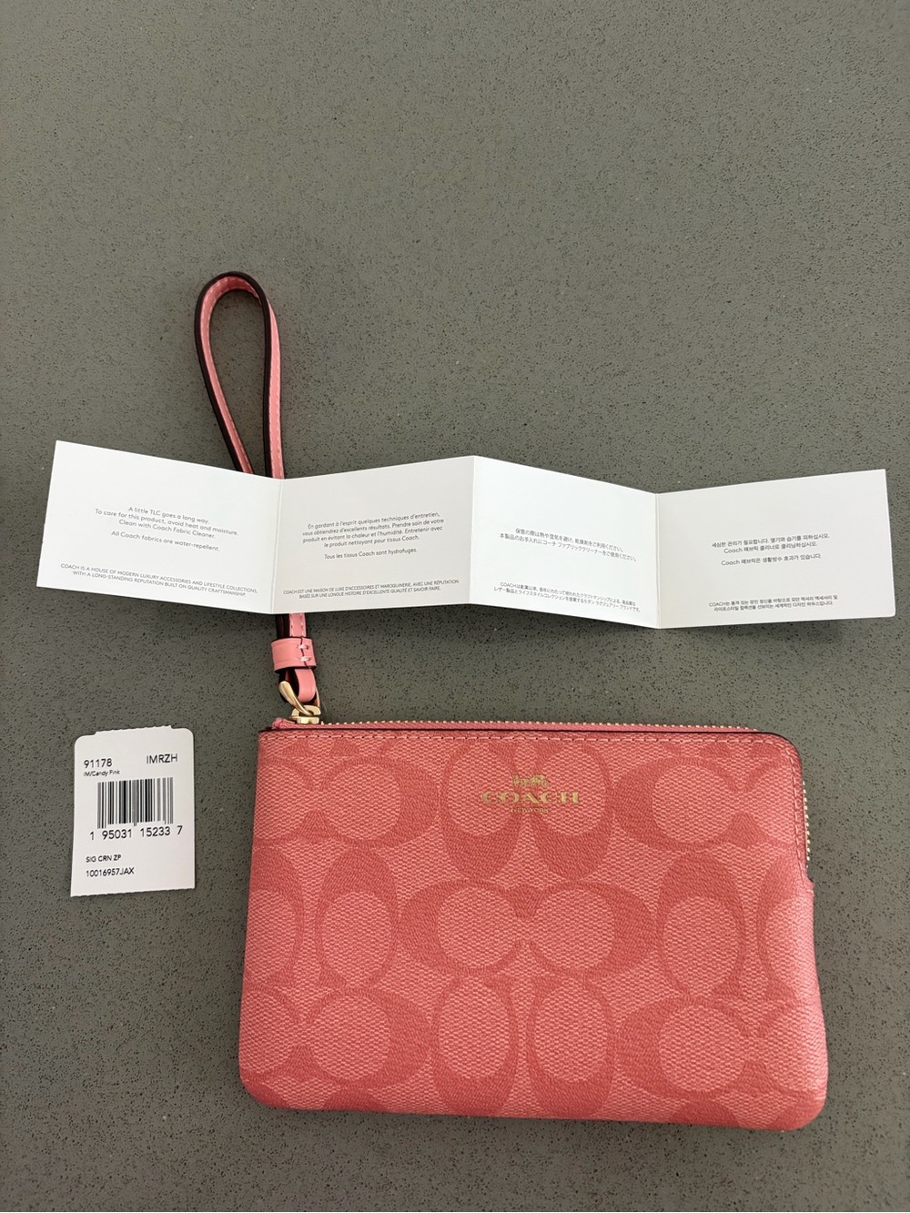 Coach Candy Pink Wristlet Wallet Gold Accents Coral Pink Repeating C Logo NEW - Picture 4 of 12